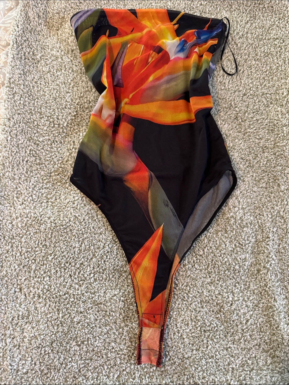 Zara Black Strapless Swimsuit with Orange and Green Floral Print
